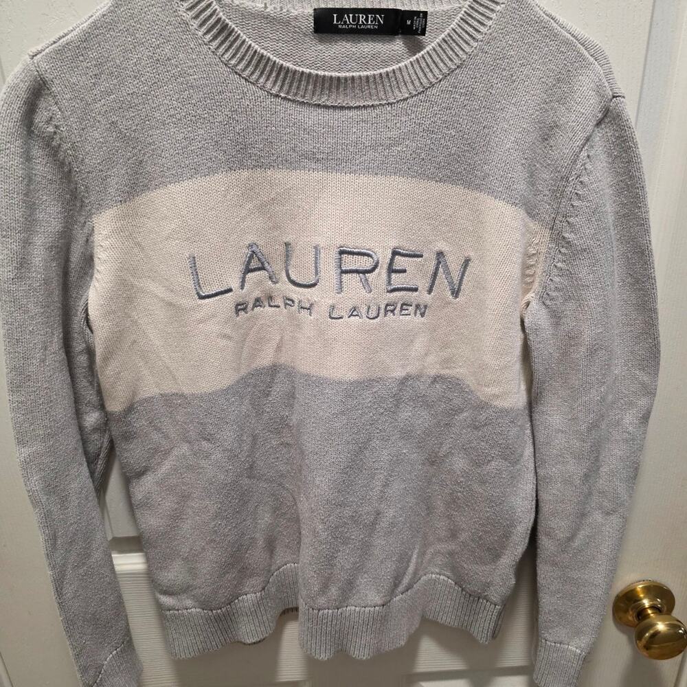 Lauren Ralph Lauren Gray White Colorblock Embroidered Logo Sweater Medium